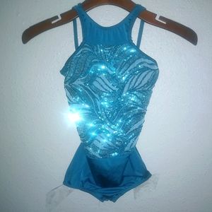 Dansco MC Girls Dance Performance Leotard Turquoise Sequins Kids